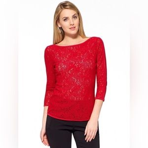 Cache Red Floral Lace Boat Neck Top Sz L